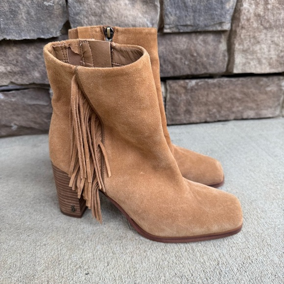 Sam Edelman Ona Fringe Boots Camel Squared Toe Suede - Picture 1 of 11